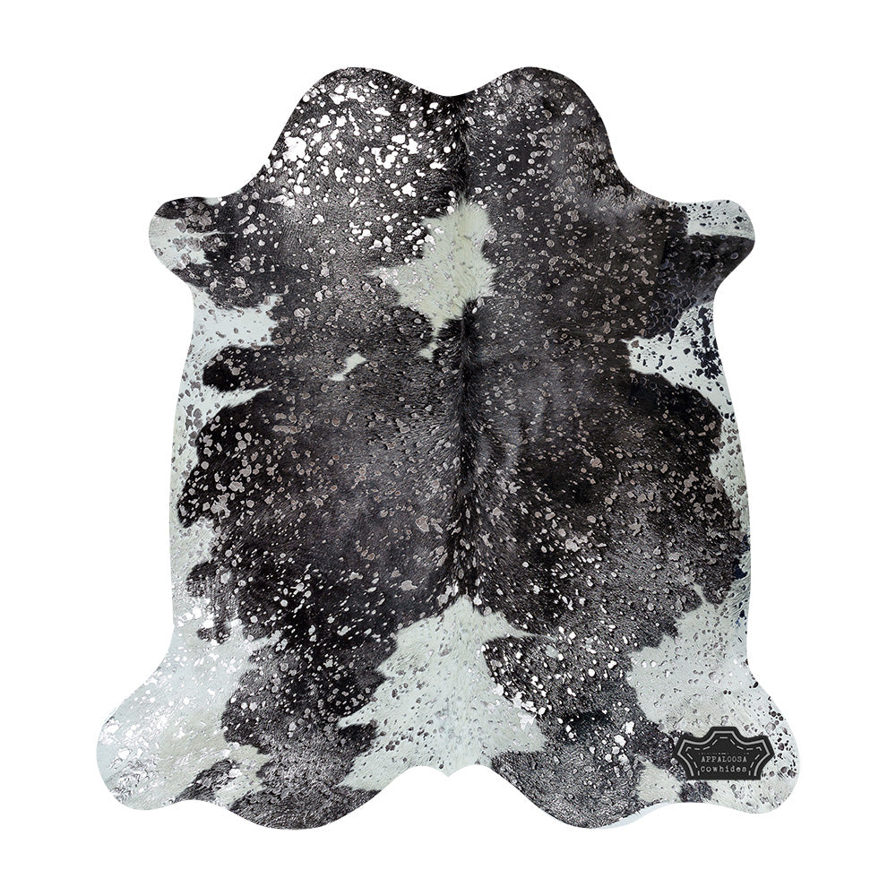 Metallic Silver Devore on Black & White Cowhide Rug