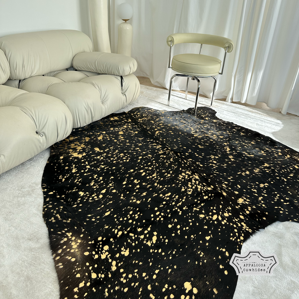 Metallic Gold Devore on Black Cowhide Rug