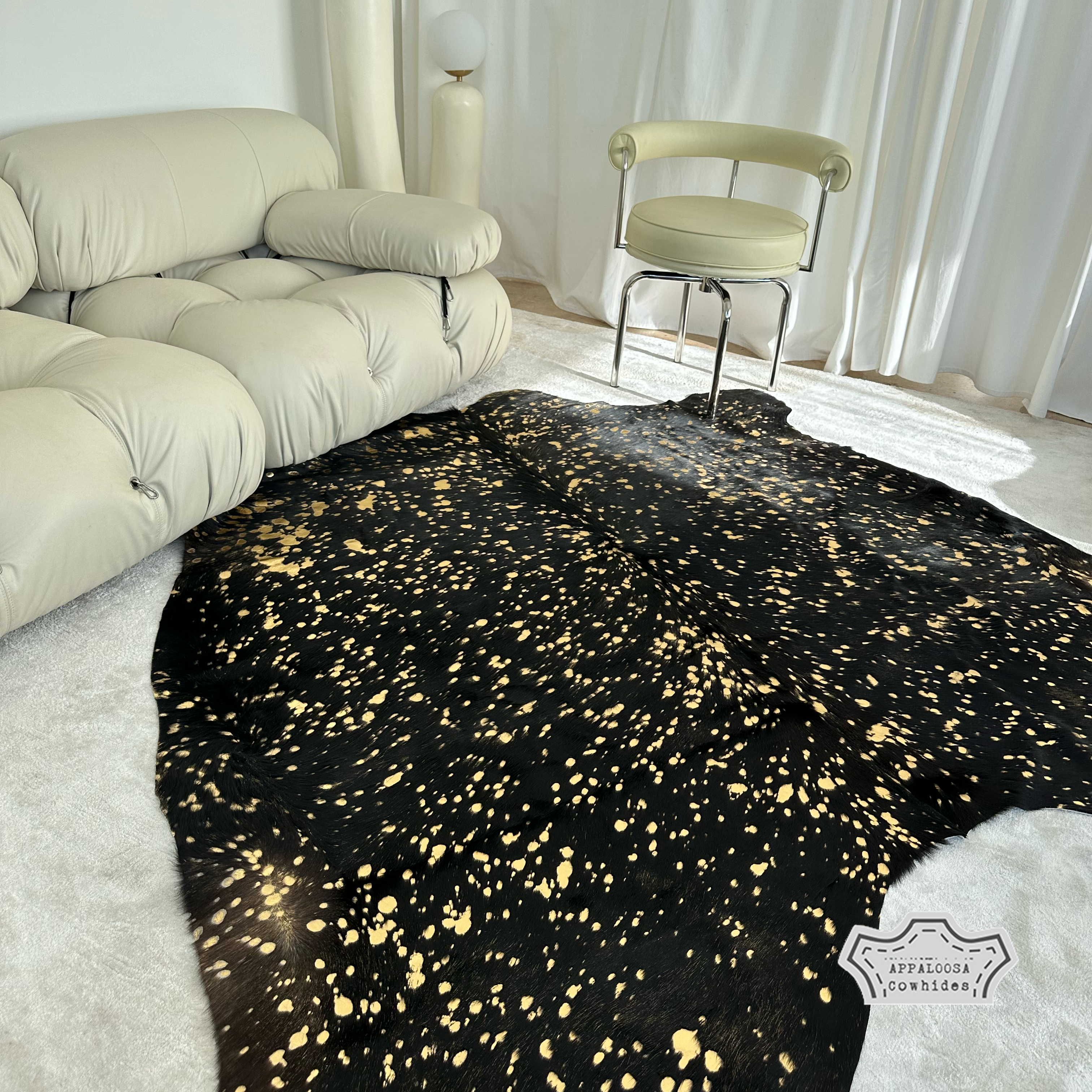 Metallic Gold Devore on Black Cowhide Rug