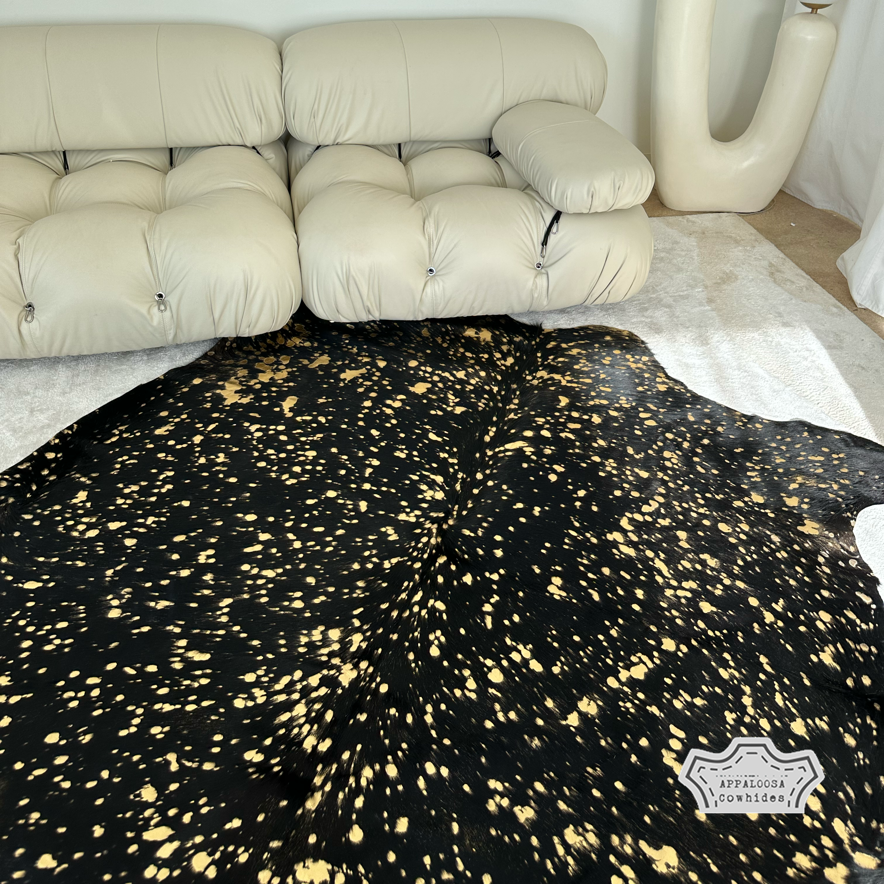 Metallic Gold Devore on Black Cowhide Rug