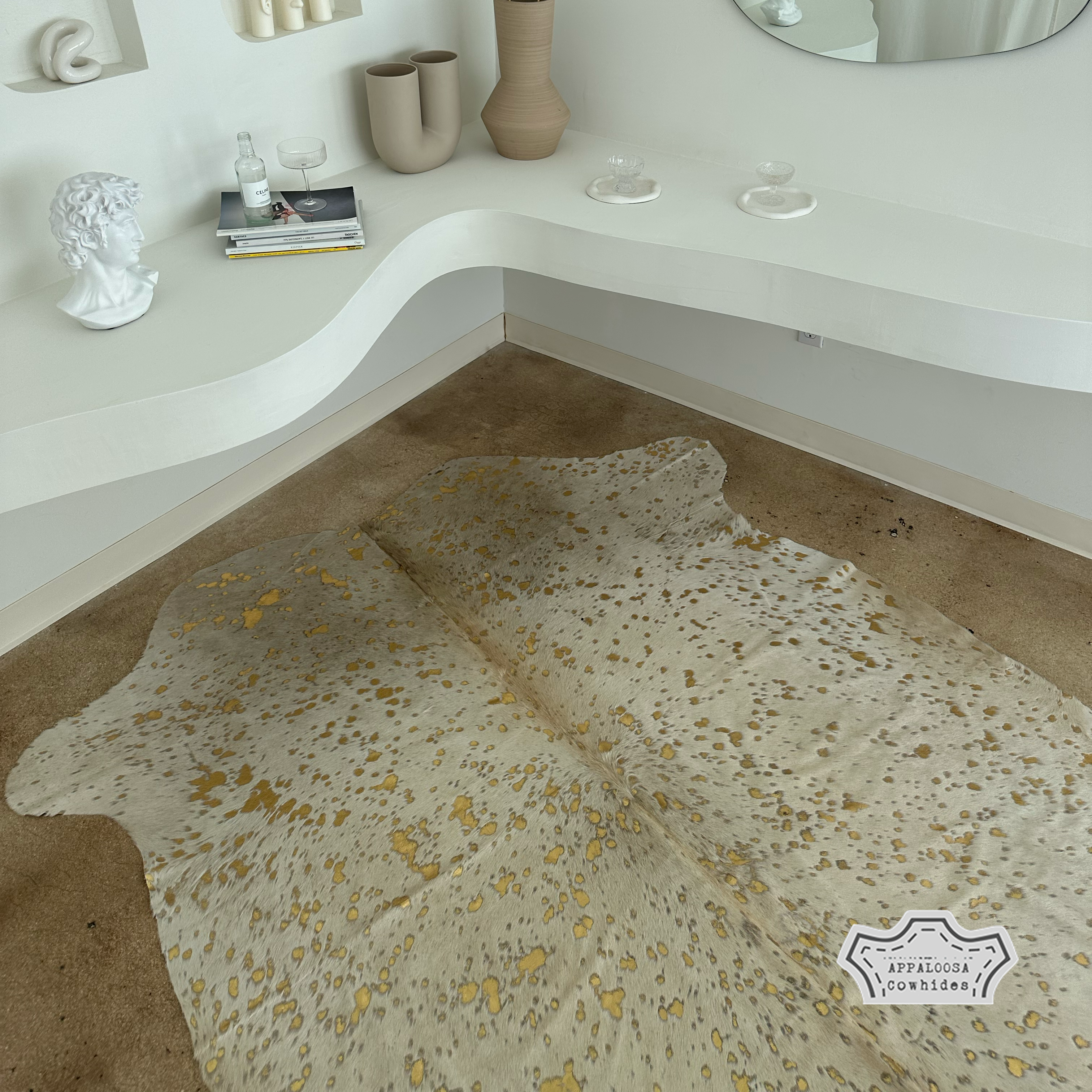 Metallic Gold Devore on Champagne Cowhide Rug