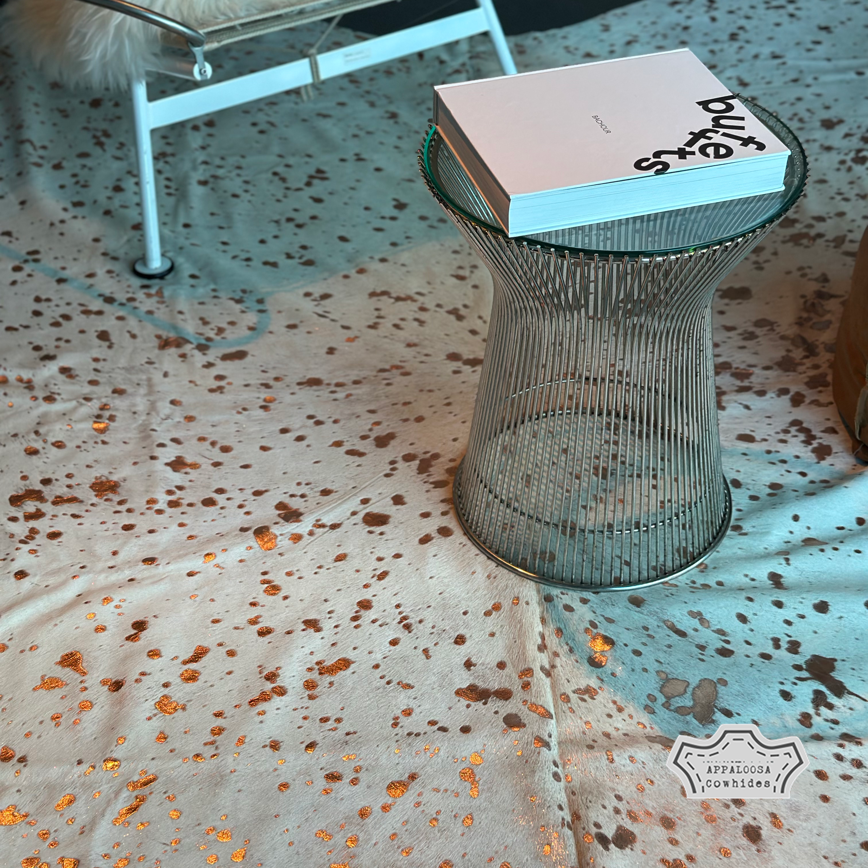 Metallic Gold Rose Devore on White Cowhide Rug