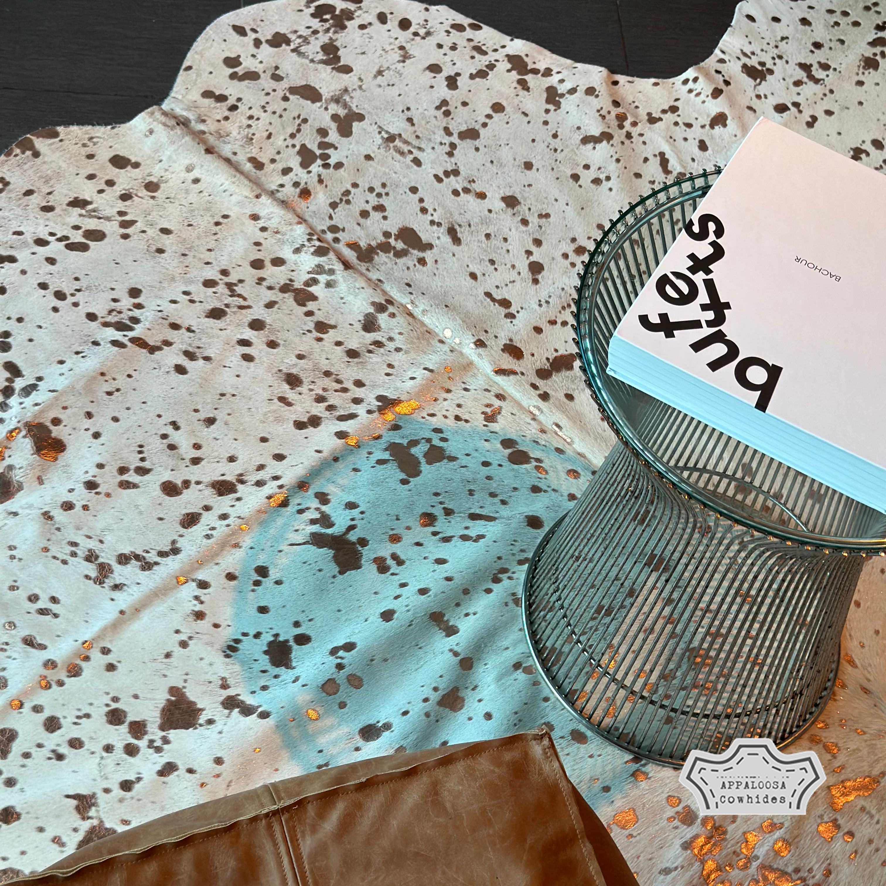 Metallic Gold Rose Devore on White Cowhide Rug