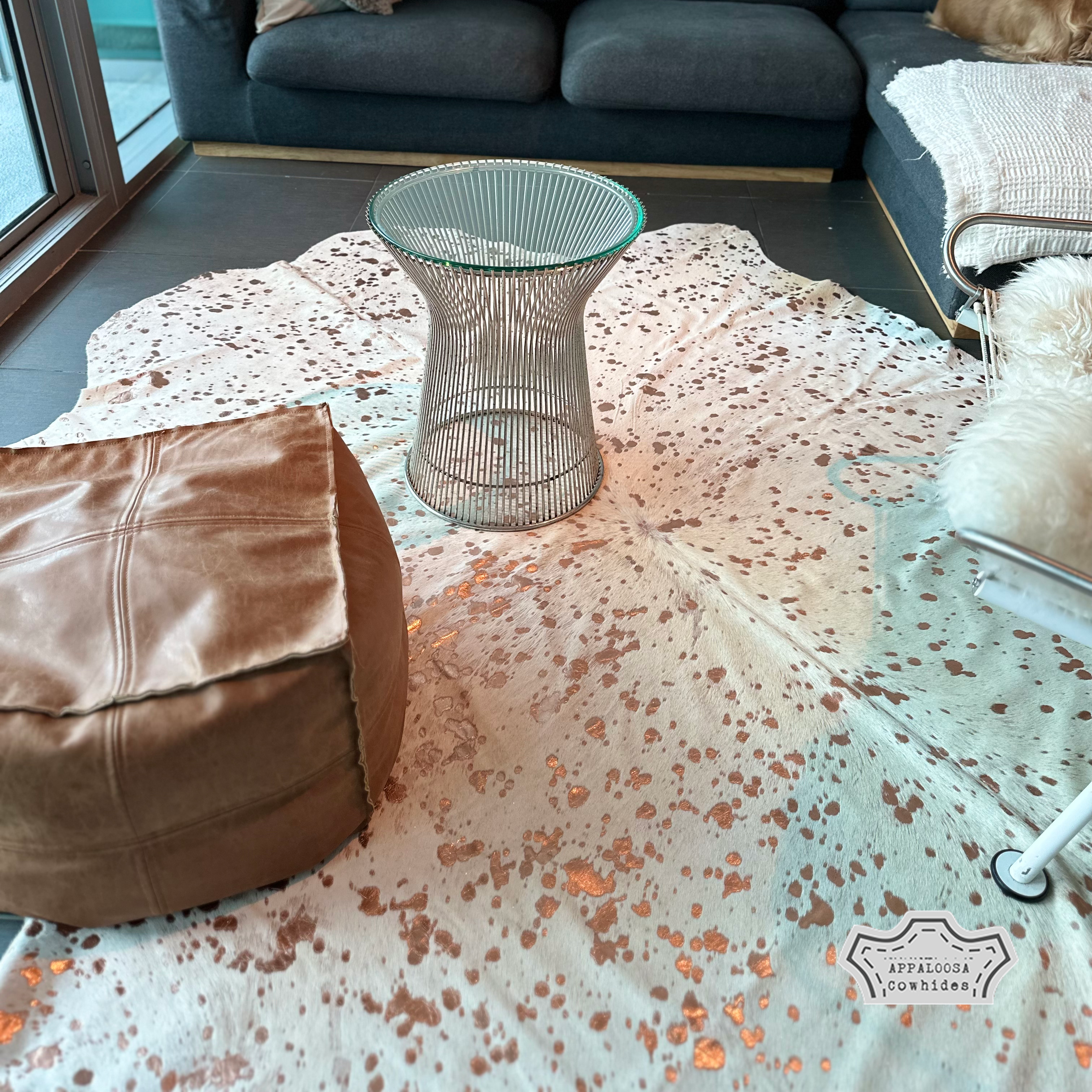 Metallic Gold Rose Devore on White Cowhide Rug