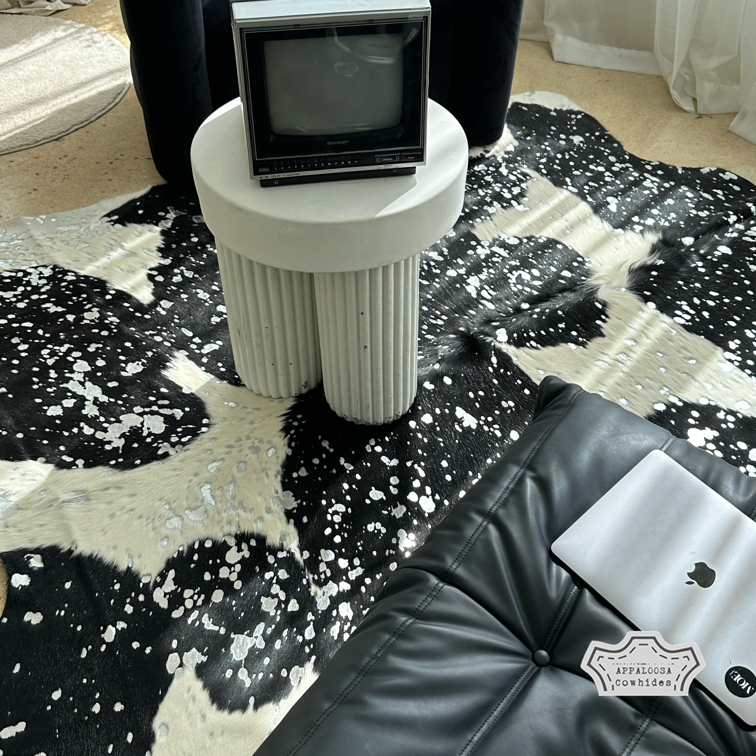 Metallic Silver Devore on Black & White Cowhide Rug