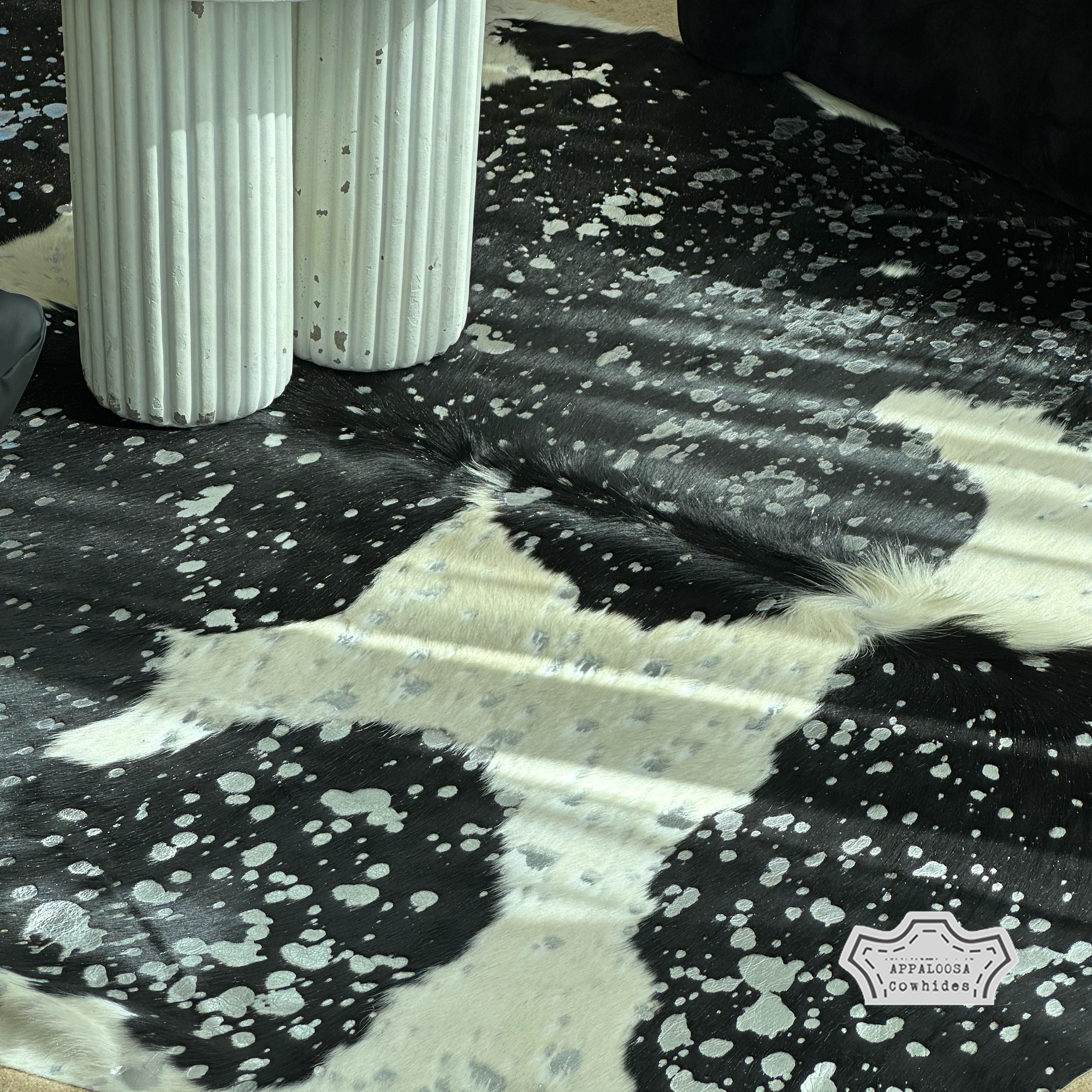 Metallic Silver Devore on Black & White Cowhide Rug