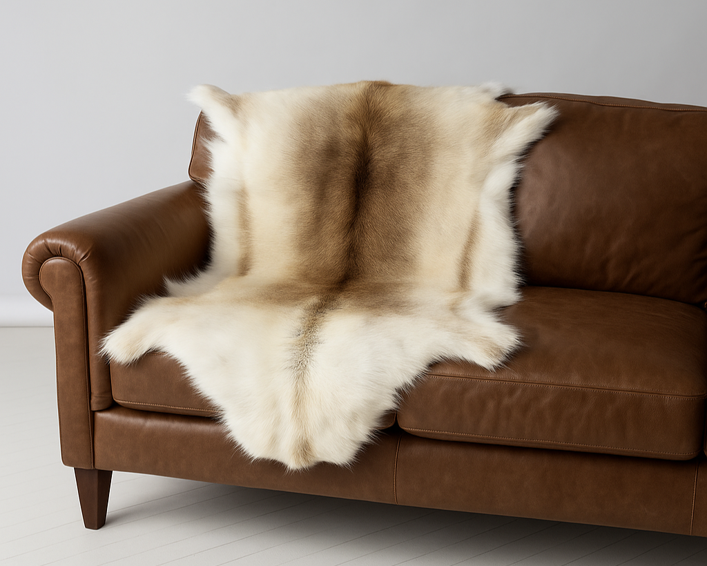 Brown leather sofa with a fur throw on a light gray background